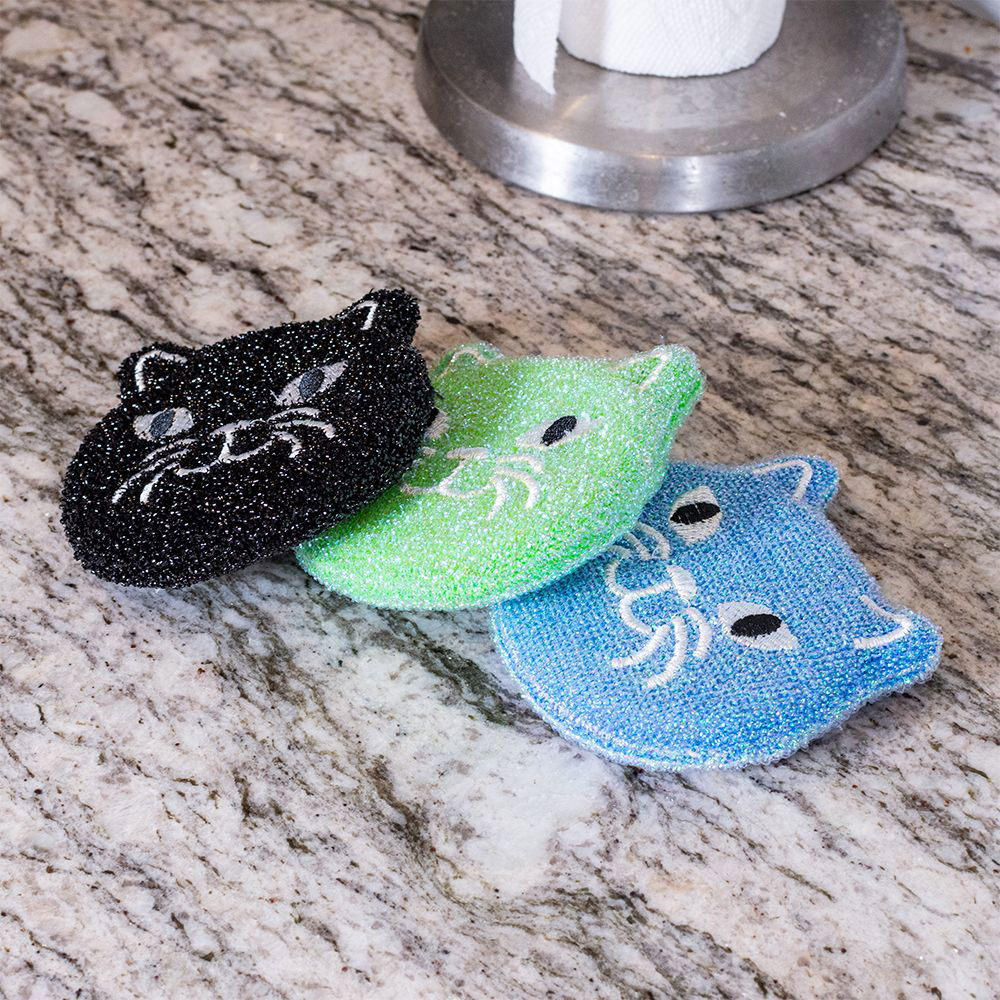 Kikkerland Kitty Cat Scrub Reusable Sponges, for Scrubbing, Cleaning,  Dishwashing,Kitchen Scrubbers, Set of 3, Black/Green/Blue