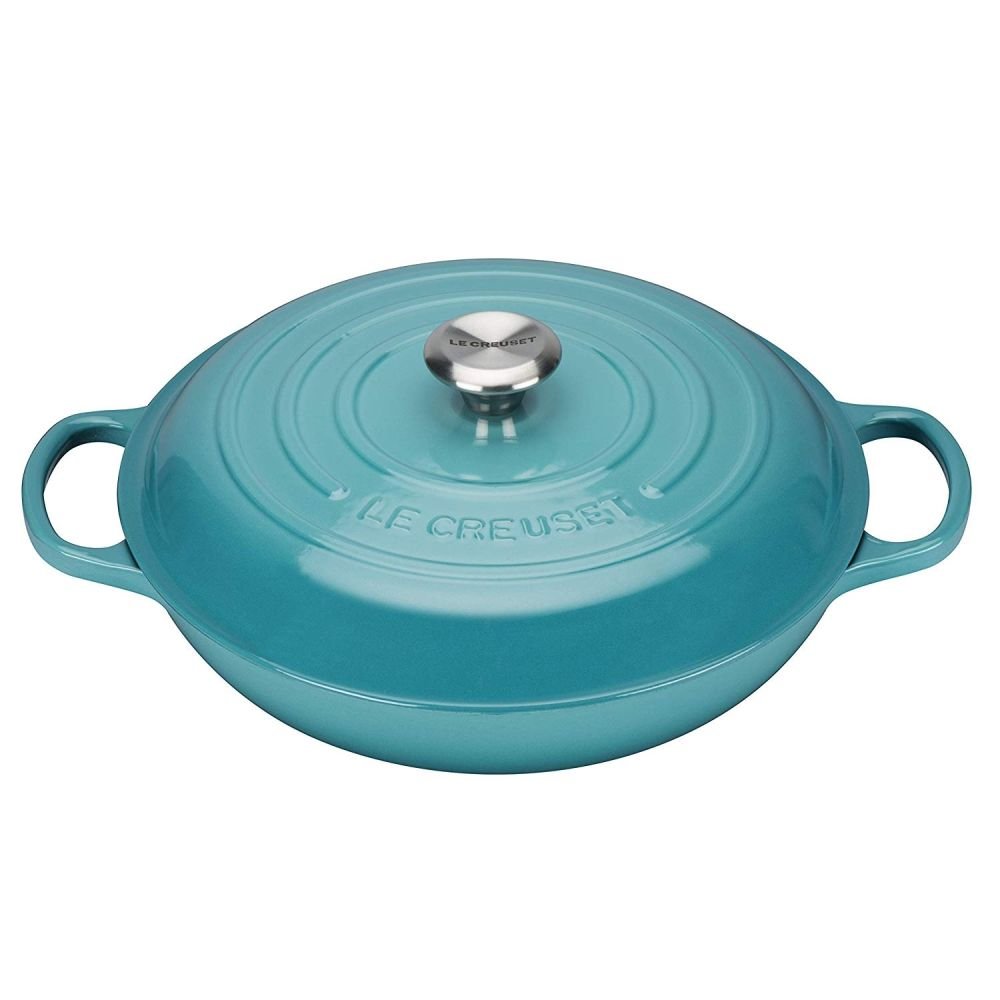 All-Clad Enameled Cast Iron Braiser with Lid and Acacia Wood