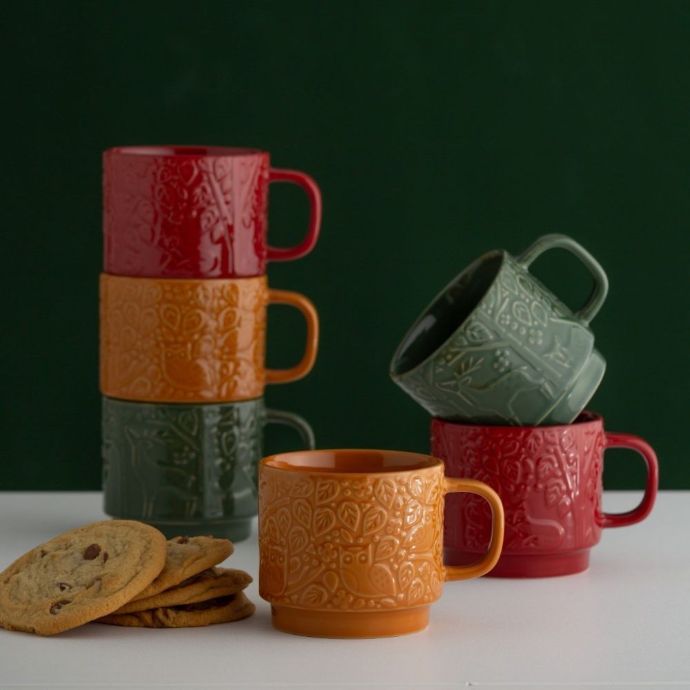 Over and Back 5-Piece Embossed Stackable Mug Set With Rack