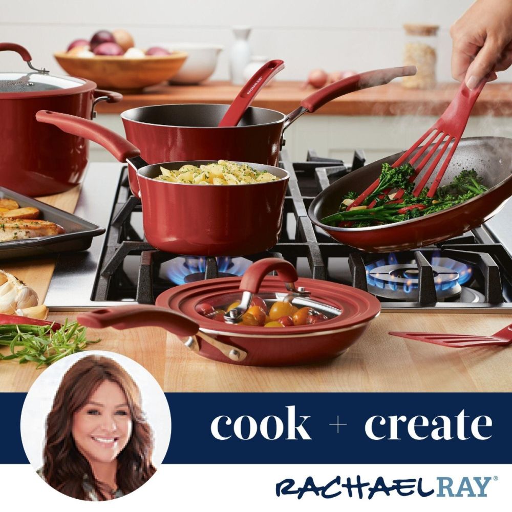 Rachael Ray Cast Iron Fondue Pot Set - 1.5 Quart Red Enamel Pot With 6 Forks & Fuel Holder