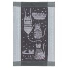 Danica Jubilee 18" x 28" Jacquard Dishtowel - Purr Party Cats features a greyscale illustration of cats sleuthing, snoozing, and sitting about. Dots, stripes, and chevrons line the border of the towel in a lighter shade of grey with white stitching. 