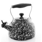 image shows Chantal 1.7Qt. Enamel-on-Steel Vintage Spatter Tea Kettle | White with Black Splatter against a blank, white background
 Image