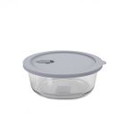 image shows Click Clack 1 Quart Cook+ Round Heatproof Glass Container | Grey against a blank, white background Image