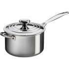 image shows Le Creuset Signature Stainless Steel 4-Quart Saucepan with Lid & Helper Handle  against a blank, white background Image