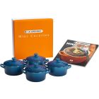 image shows Le Creuset Mini Cocottes & Cookbook (Set of 4) | Marseille  against a blank, white background
 Image