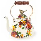image shows MacKenzie-Childs White Flower Market 3 Quart Tea Kettle with Bird against a blank, white background Image