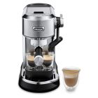 De'Longhi Dedica Maestro Plus Espresso Machine with Automatic Steam Wand against a white background with two espresso glasses on the glass stand and one aside. 
Each of the cups is filled with espresso. Image