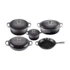  
image shows Le Creuset 9 Piece Signature Set, Oyster (5.5 qt, Sig. RDO, 6.75 qt. S ig. ODO, 3.5 qt. S against a blank, white background Image