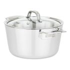 image shows Viking Contemporary 3-Ply Stainless Steel Dutch Oven With Glass Lid | 5.2 Quart against a blank, white background   Image