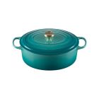  image shows Le Creuset Signature Cast Iron Oval Dutch Oven, 6.75 qt. - Blue Riviera against a blank, white background Image