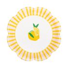image shows My Mind's Eye 8-Piece 9" Scallops Paper Plates | Yellow & Pink Striped  against a blank, white background Image
