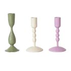 image shows Hazel Mazel Enameled Tapered Candle Stick Holders (Set of 3) | Sage, Ivory & Lilac against a blank, white background Image