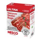 image shows NESCO 50 Gallon Sized Heavy Duty Vacuum Sealer Bags | 11" x 16" against a blank, white background   Image