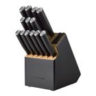 image shows KitchenAid Classic 14-Piece Self-Sharpening Knife Block Set | Black Handles with Two-Tone Black & Natural Block  against a blank, white background Image