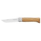 image shows Opinel Blister Pack No.08 Stainless Steel Folding Knife | Olive Wood against a blank, white background Image