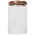 image shows Danica Heirloom Acacia Wood Medium Glass Jar | 32oz against a blank, white background  Image