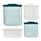 Four different sizes of reusable bags in Oat and Lagoon colors Image