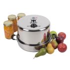 A stainless steel pot filled with fresh apples and pears, showcasing vibrant colors and a polished surface. Image