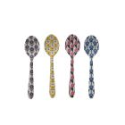 image shows Hazel Mazel 5.25" Enameled Stainless Steel Spoons with Flower Pattern | Set of 4 against a blank, white background   Image