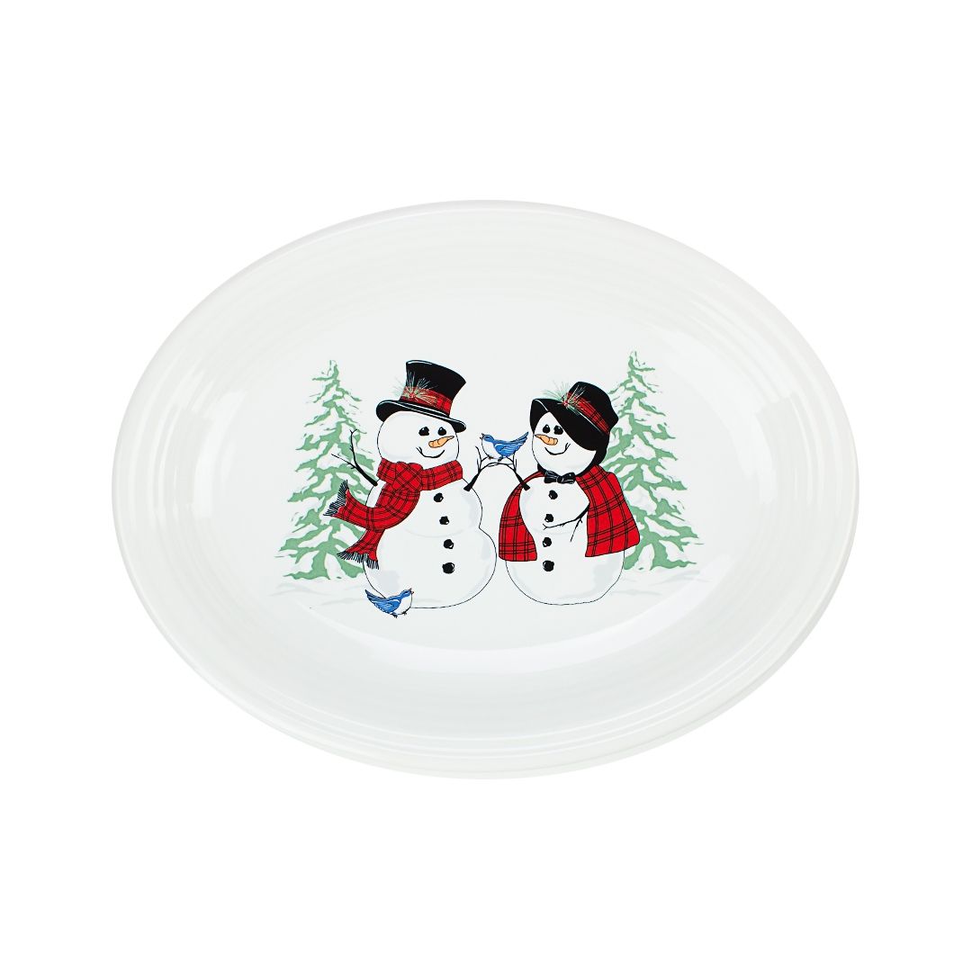 Handmade ceramic buy serving platter set snowman design.