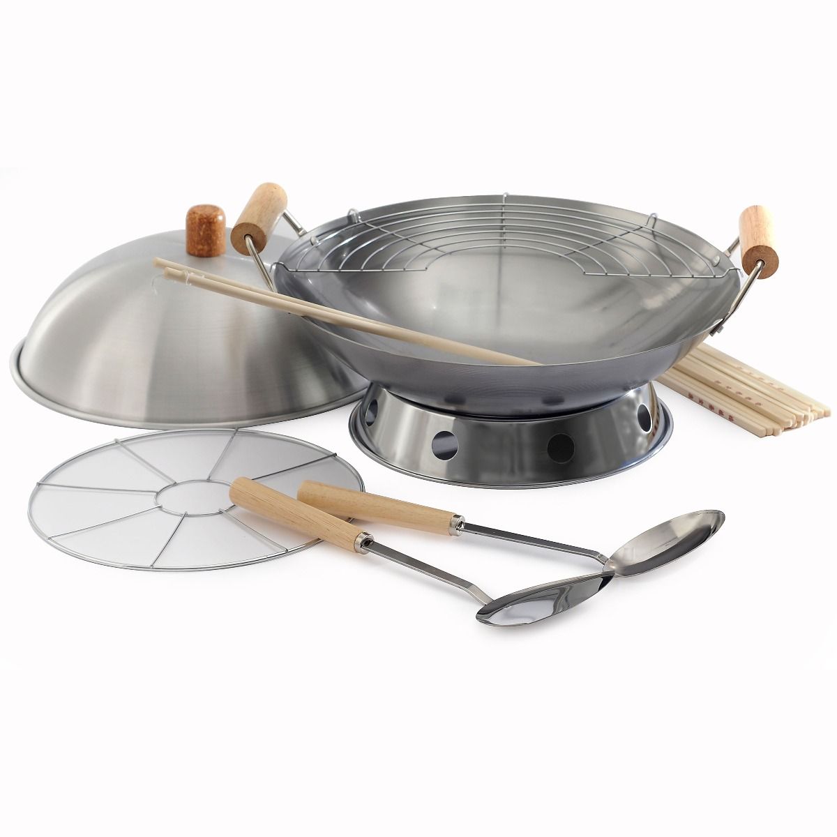 Helen's Asian Kitchen 4 Piece 14 Carbon Steel Wok Set with Lid