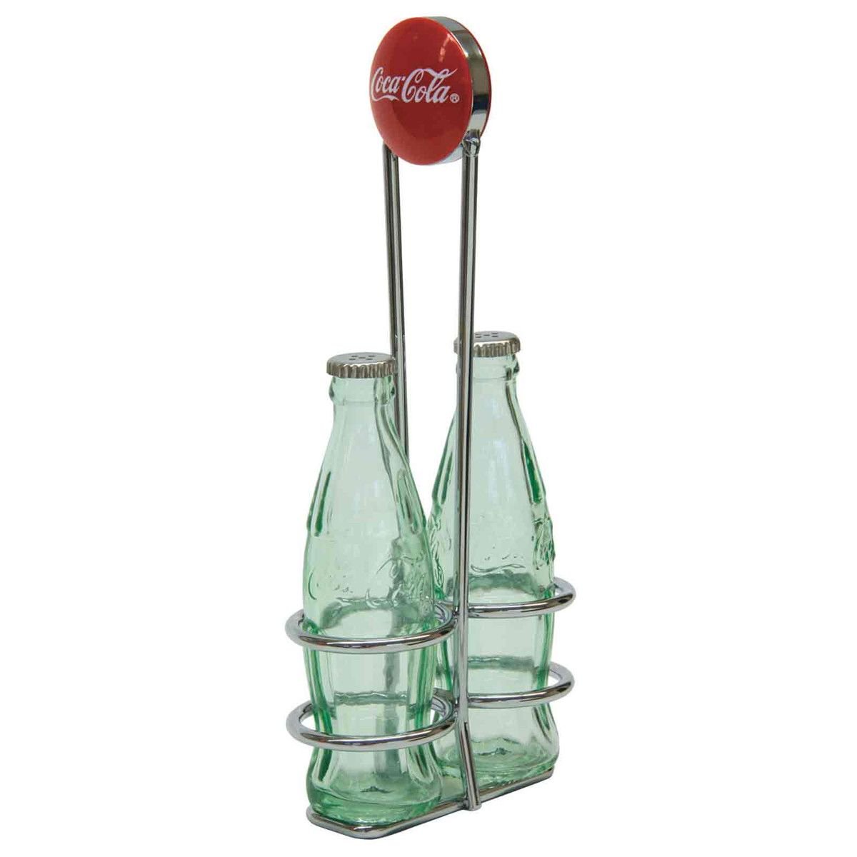 1 oz Coca-Cola Salt & Pepper Shakers - Green Tinted Glass with Retro Rack, TableCraft