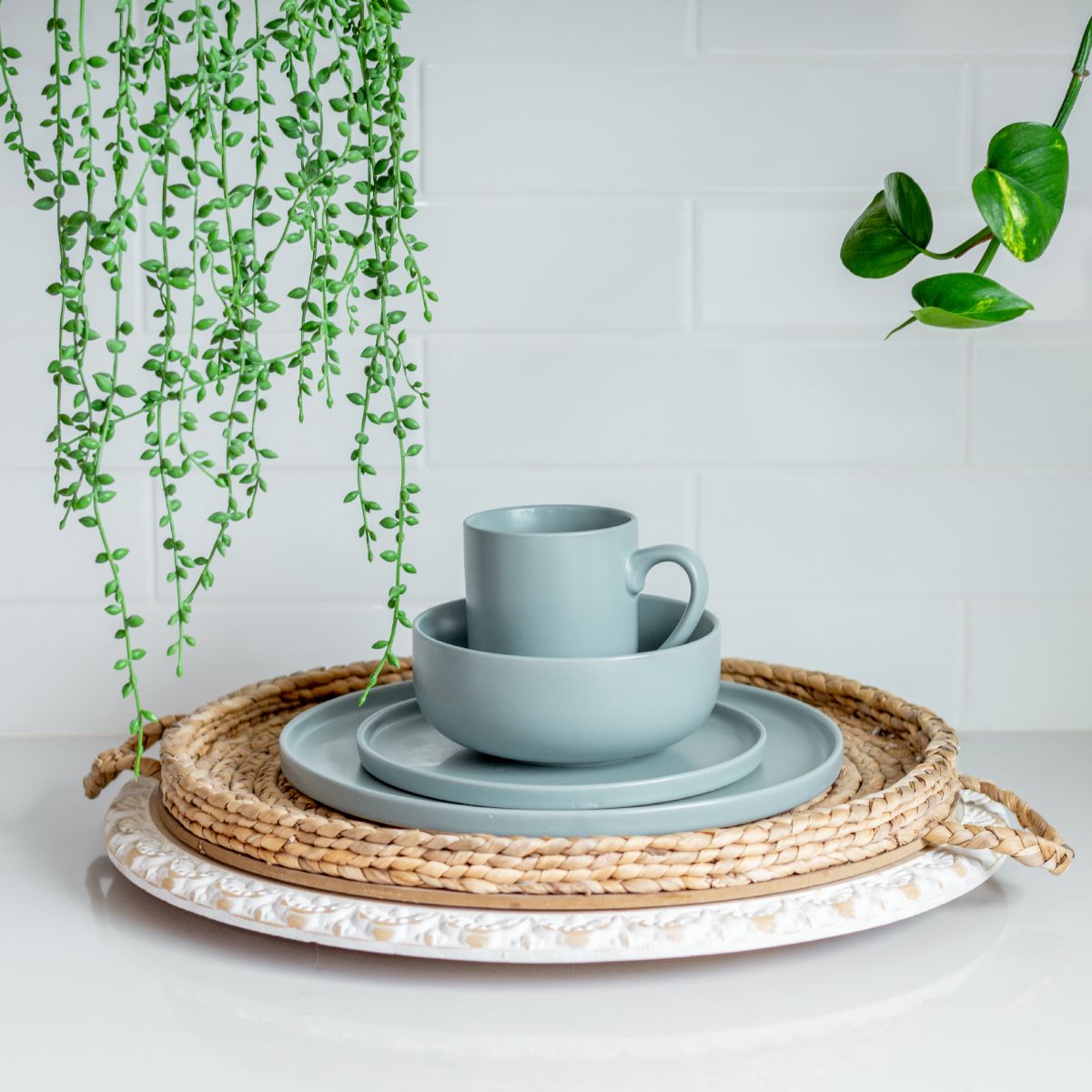 Modern Flat 16-Piece Dinnerware Set - Dusty Blue | Everything Kitchens