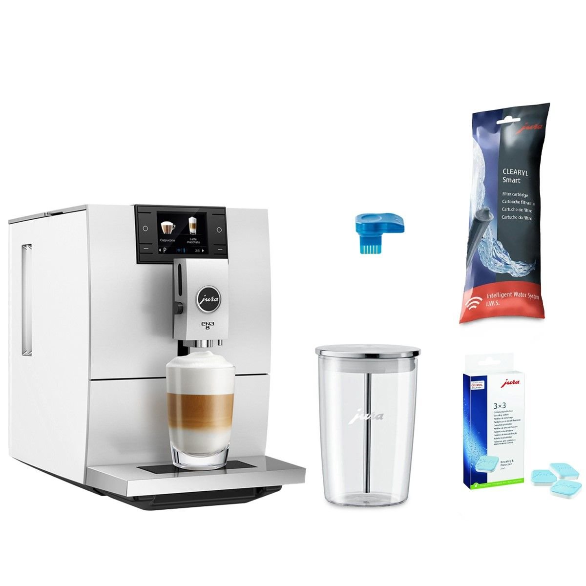 ENA 8 Automatic Coffee & with Touch Screen in Nordic White + Smart Connect + Glass Milk Container + Replacement Water Filter & Descaling Tabs | Jura | Everything Kitchens