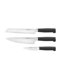 image shows Wusthof Partner 3-Piece Knife Set (8" chef, 3.5" paring, 8" bread)  against a blank, white background