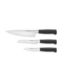  image shows Wusthof Partner 3-Piece Knife Set (8" chef, 3.5" paring, 5" serrated utility) against a blank, white background