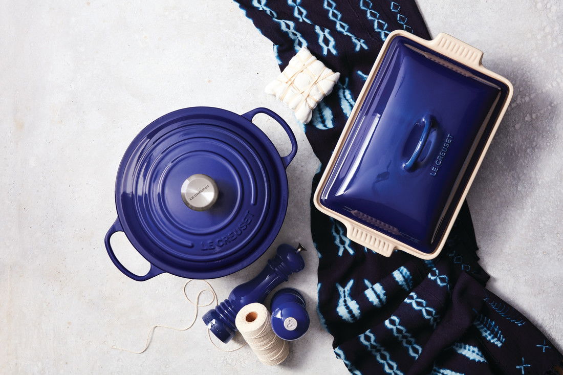 Le Creuset heritage collection indigo blue, le creuset indigo blue, le creust indigo dutch oven, le creuset indigo baking dish, le creuset indigo papper mill, le creuset indigo salt mill