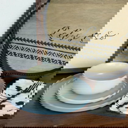 Everything Kitchens Modern Flat 24-Piece Dinnerware Set | Dusty Blue, Stone Gray, Beige