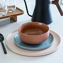 Everything Kitchens Modern Flat 12-Piece Dinnerware Set | Soft Pink, Dusty Blue, Terracotta