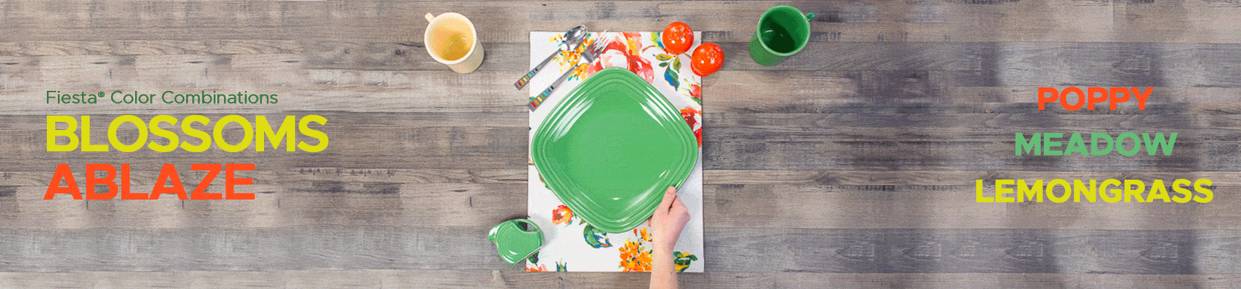 Photo of Fiesta color combination featuring Poppy, Meadow, and Lemongrass