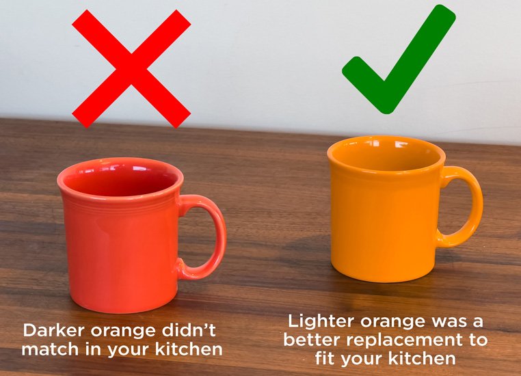 Photo of wrong color product, and correctly colored product - undamaged and non-defective items