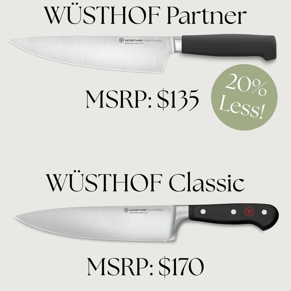 WÜSTHOF Partner MSRP: $135 20% Less! WÜSTHOF Classic MSRP: $170
