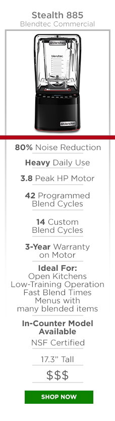 Blendtec Commercial Stealth 885 Blender STEALTH 885 Blendtec Commercial 80% Noise Reduction, Heavy Daily Use, 3.8 Peak HP Motor, 42 Programmed Blend Cycles, 14 Custom Blend Cycles, 3-year warranty on motor, Ideal for: Open kitchens, low-training operation, fast blend times, menus with many blended items, in-counter model available, nsf certified, 17.3