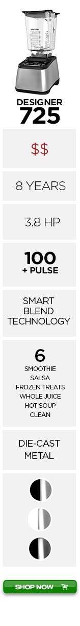 Blendtec Blender Designer 725 $$$$ 8 year, 3.8hp, 100+pulse, smart blend technology, 6 smoothie, salsa, frozen treats, whole juice, hot soup, clean, die-cast metal, shop now