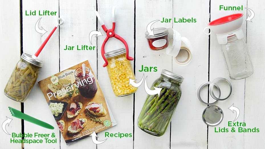 Canning Supplies - jar lifer, jar labels, jars, bubble freer & headspace tool, recipes, extra lids & bands, funnel