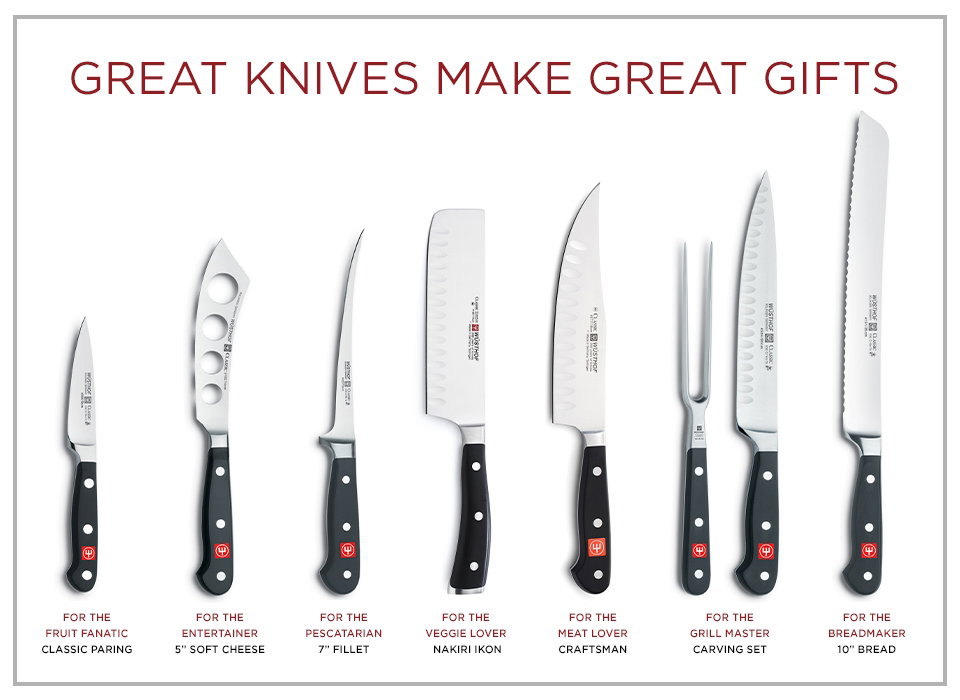Wusthof Knife Gift Guide - GREAT KNIVES MAKE GREAT GIFTS - FOR THE FRUIT FANATIC CLASSIC PARING, FOR THE ENTERTAINER 5&rdquo; SOFT CHEESE, FOR THE PESCATARIAN 7&rdquo; FILLET, FOR THE VEGGIE LOVER  NAKIRI IKON, FOR THE MEAT LOVER CRAFTSMAN, FOR THE GRILL MASTER CARVING SET, FOR THE BREADMAKER 10&rdquo; BREAD