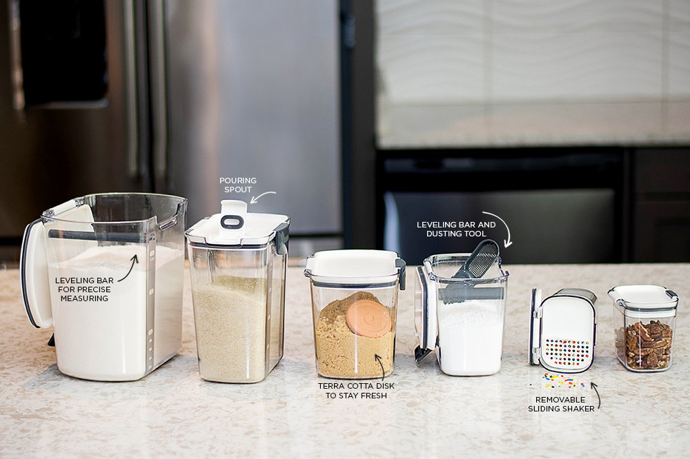 Progressive Air Tight Containers - leveling bar for precise measuring , pouring spout, terra cotta disk to stay fresh, leveling bar and dusting tool, removable sliding shaker