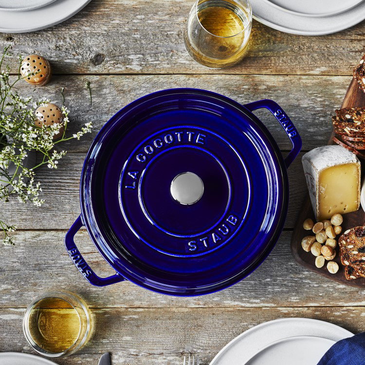 staub dutch oven in blue