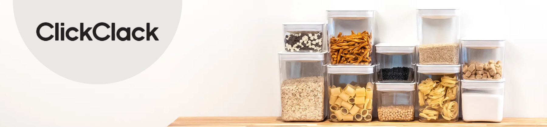 shelf full of Click Clack storage containers.