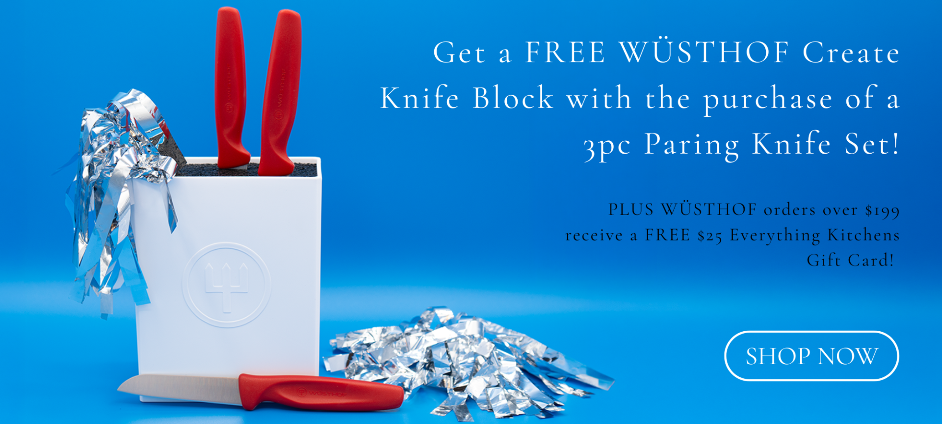 get a free wusthof create knife block with a purchase of a 3 piece red create knife set. plus orders over 199 receive a free 25 dollar EK gift card