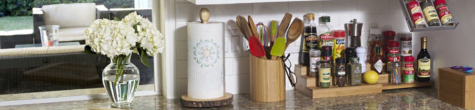 Photo of Lipper bamboo organizing products on a kitchen countertop.