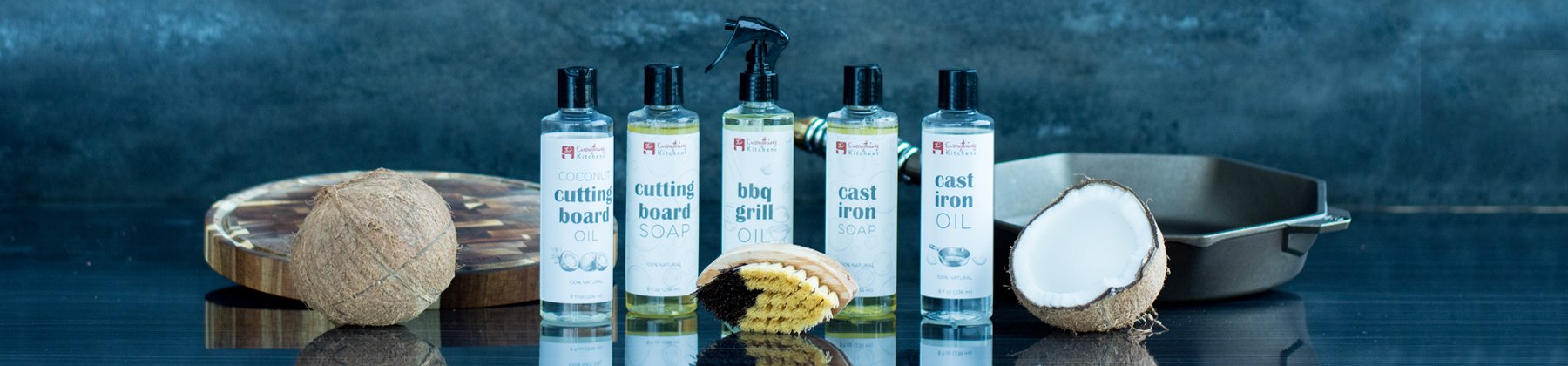 Photo of Everything Kitchens exclusive cleaning supplies, cutting board oil, and other soaps.