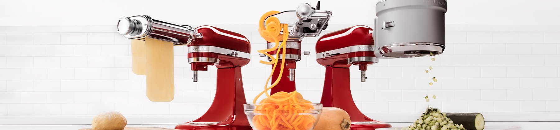 Photo of KitchenAid mixers and attachments.