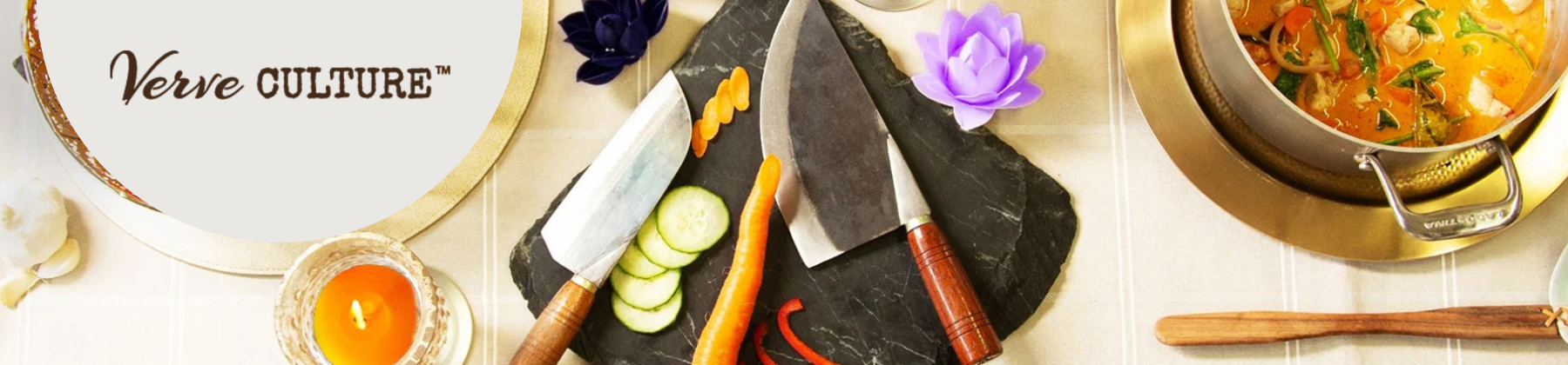 Photo of tabletop with Verve Culture knives on a cutting board