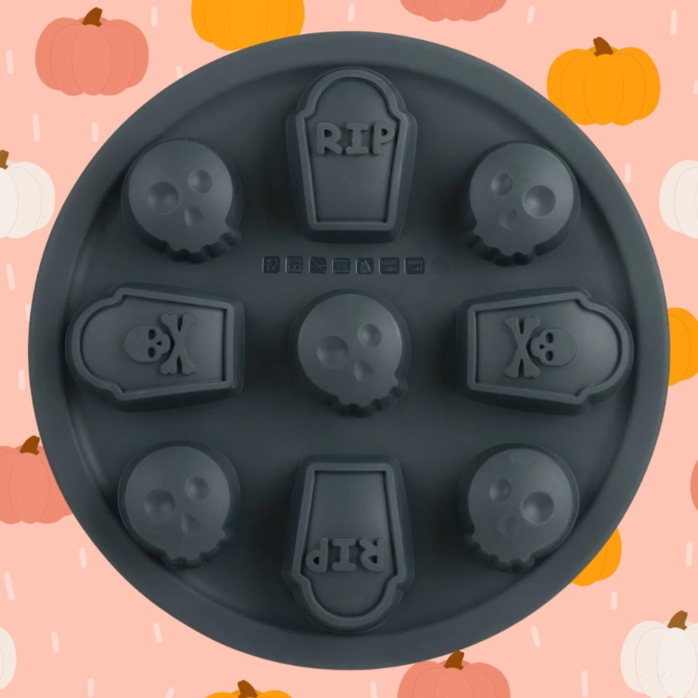 Trudeau 9" Round Structure Silicone Cupcake Pan | Halloween Tomb & Skulls