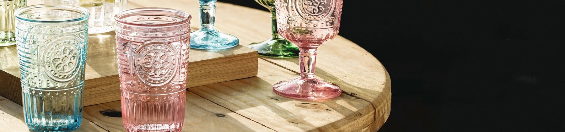 Photo of colorful Bormioli Rocco glassware.